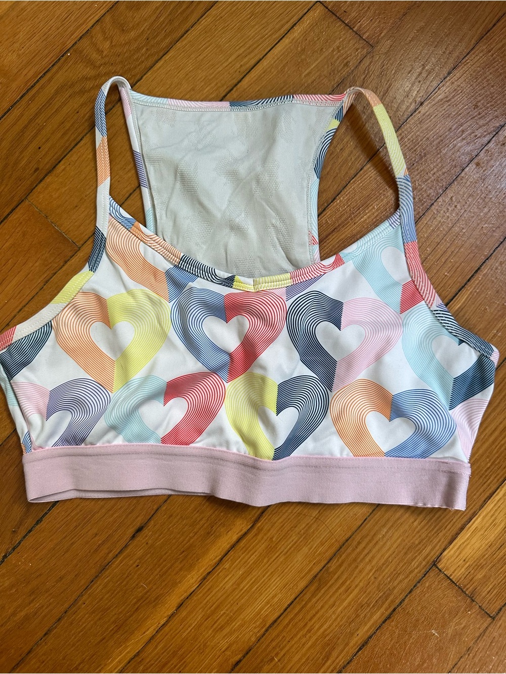 Multi-Color Heart Print Sports Bra with Pastel Pink Band